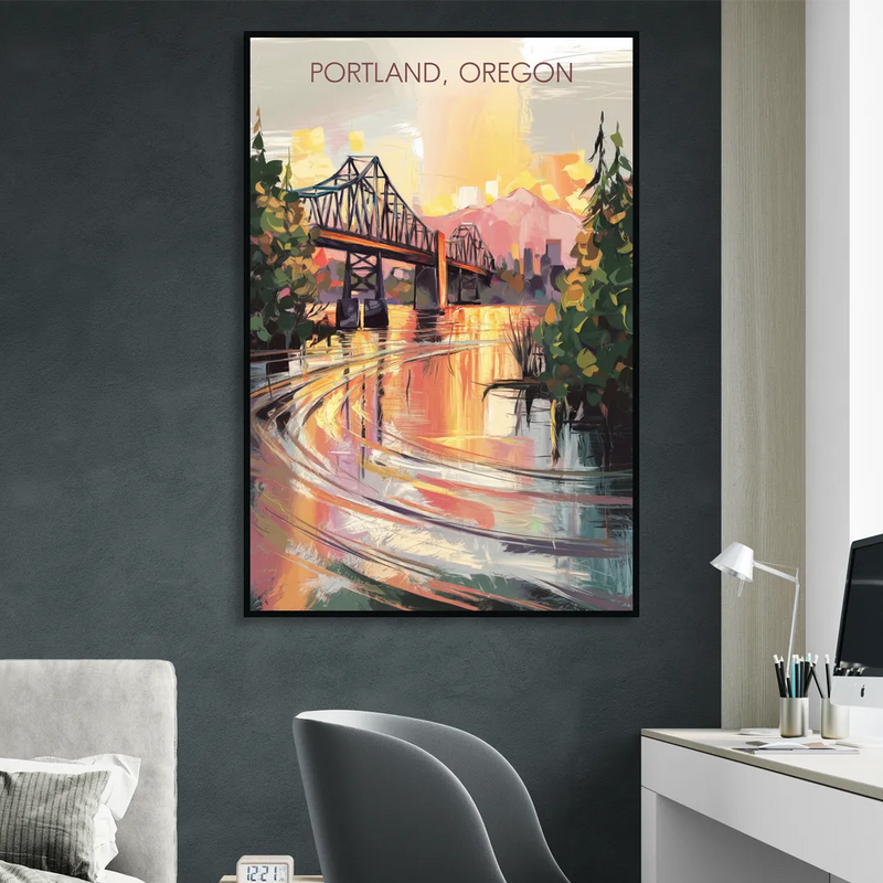 Portland Oregon Riverfront Living Room - Black Canvas Wall Art