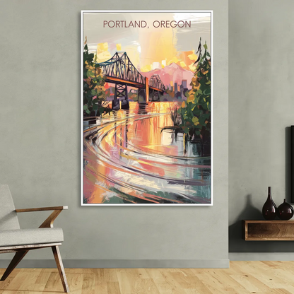 Portland Oregon Riverfront Living Room - White Canvas Wall Art