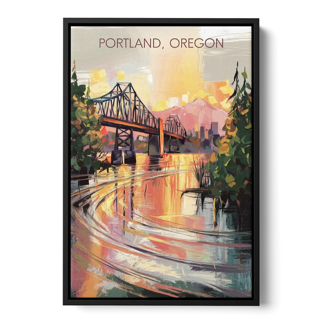 Portland Oregon Riverfront Front - Black Canvas Wall Art
