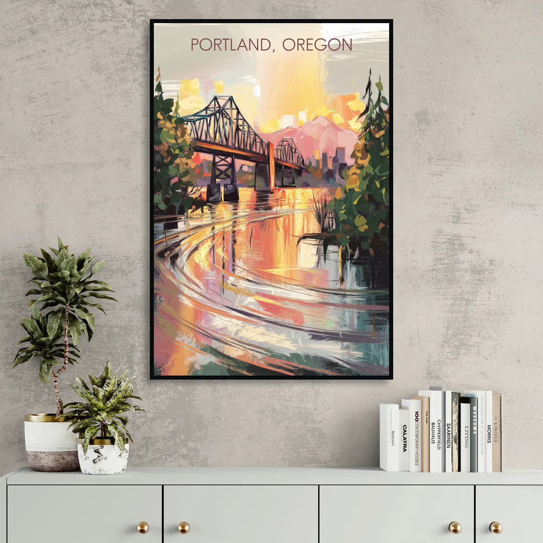Portland Oregon Riverfront Sitting Room - Black Canvas Wall Art