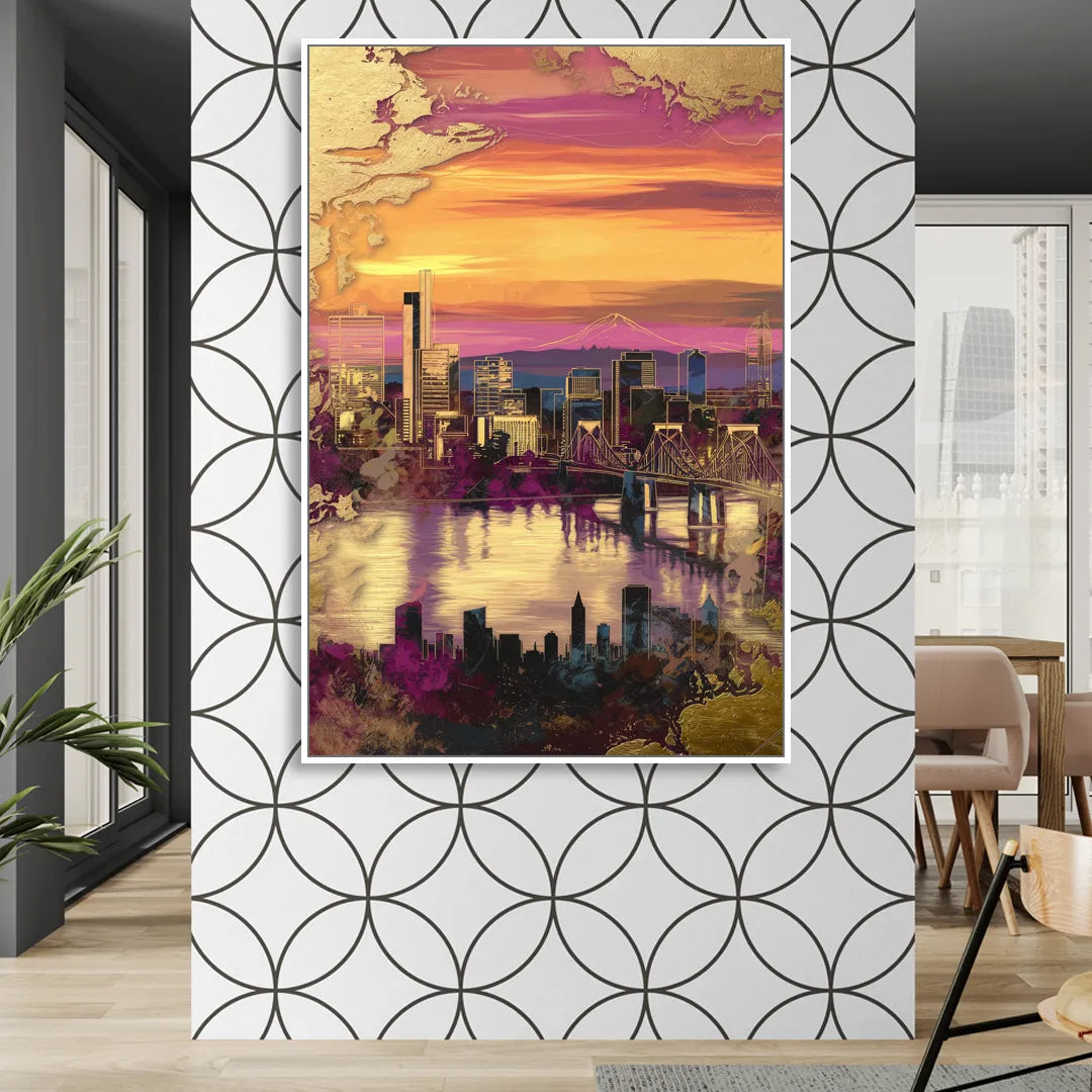 Portland Skyline Sunset Sitting Room - White Canvas Wall Art