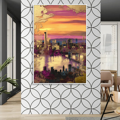 Portland Skyline Sunset Sitting Room - White Canvas Wall Art
