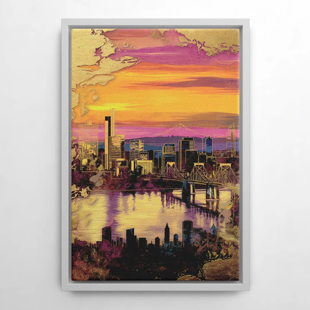 Portland Skyline Sunset - White Frame Canvas