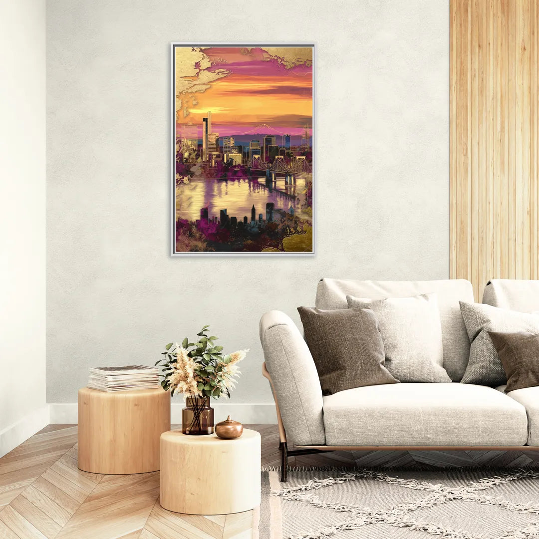 Portland Skyline Sunset - Living Room White Frame Canvas