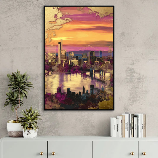Portland Skyline Sunset Living Room - Black Canvas Wall Art