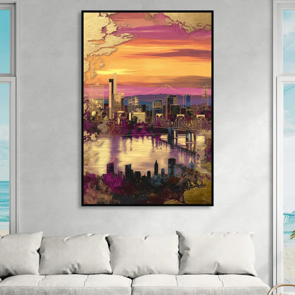 Portland Skyline Sunset Sitting Room - Black Canvas Wall Art
