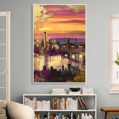 Portland Skyline Sunset Living Room - White Canvas Wall Art