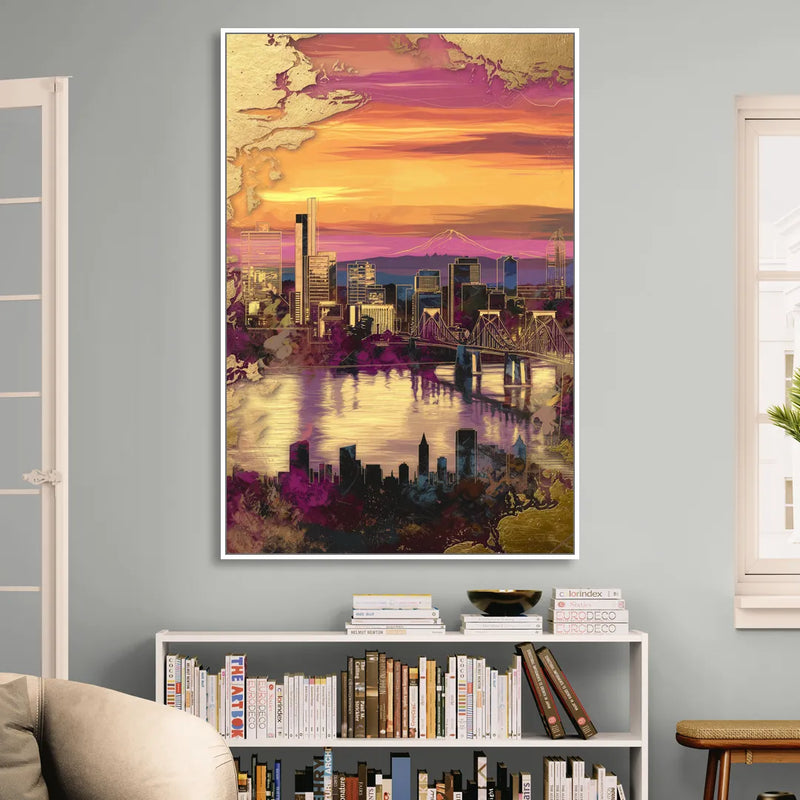 Portland Skyline Sunset Living Room - White Canvas Wall Art