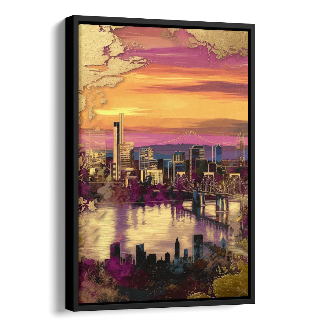 Portland Skyline Sunset Side - Black Canvas Wall Art