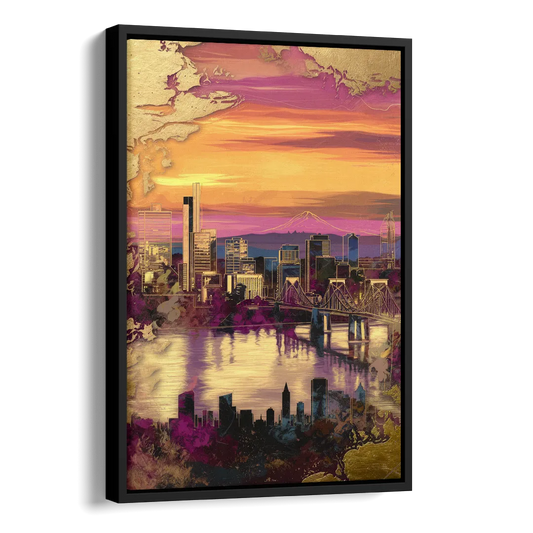 Portland Skyline Sunset Side - Black Canvas Wall Art