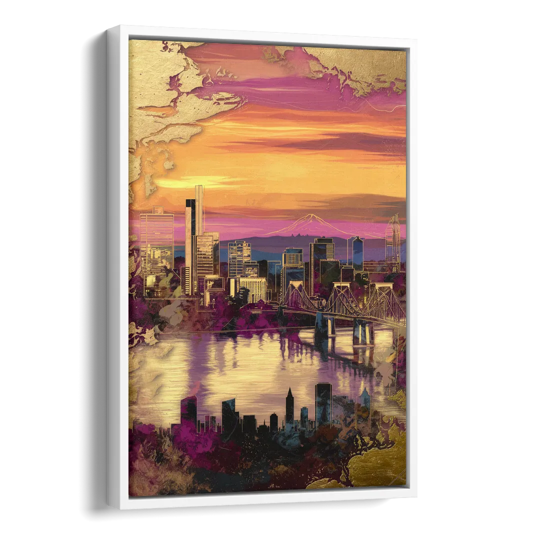 Portland Skyline Sunset Side - White Canvas Wall Art