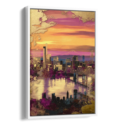Portland Skyline Sunset Side - White Canvas Wall Art