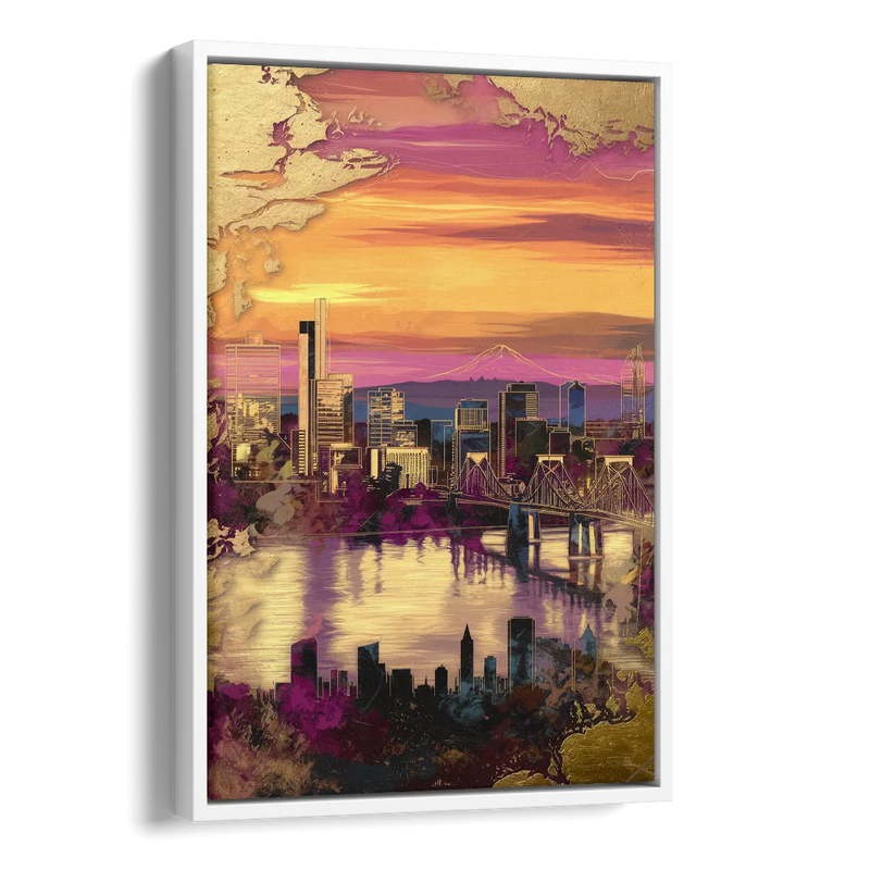 Portland Skyline Sunset Side - White Canvas Wall Art