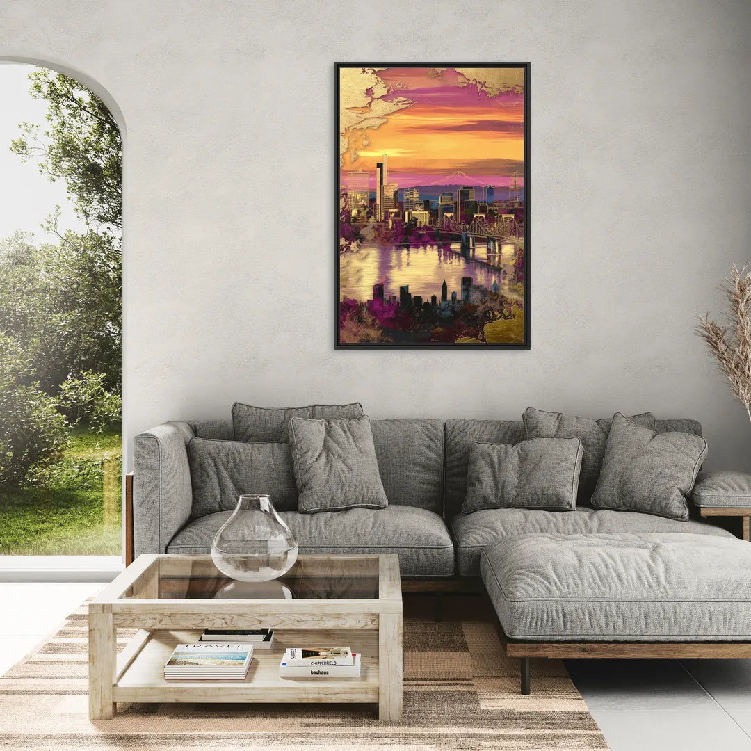 Portland Skyline Sunset - Living Room Black Frame Canvas