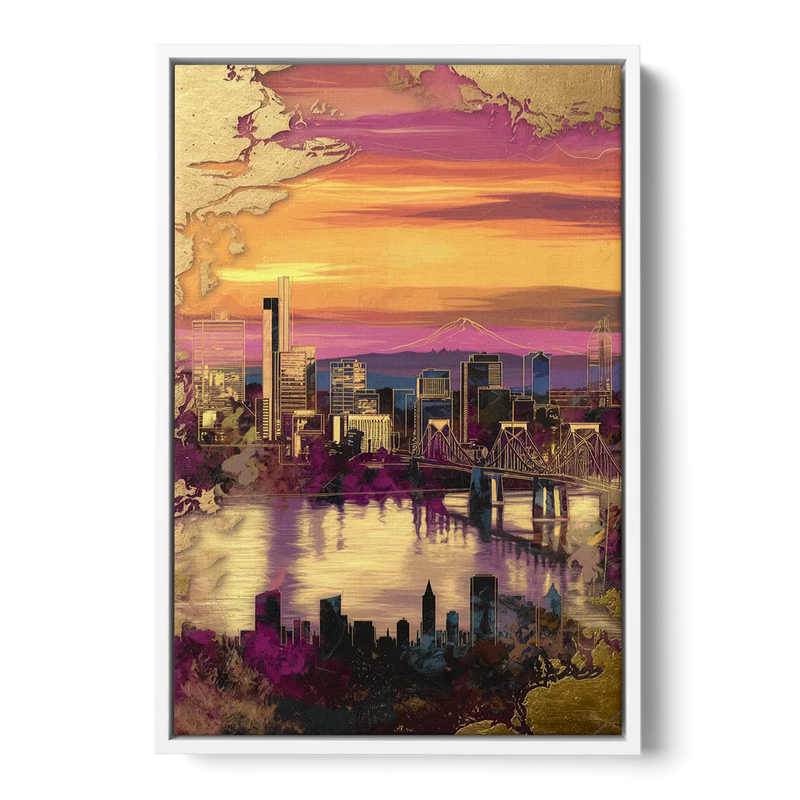 Portland Skyline Sunset Front - White Canvas Wall Art