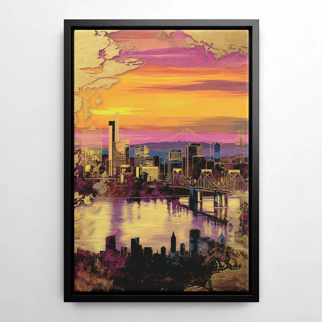 Portland Skyline Sunset - Black Frame Canvas
