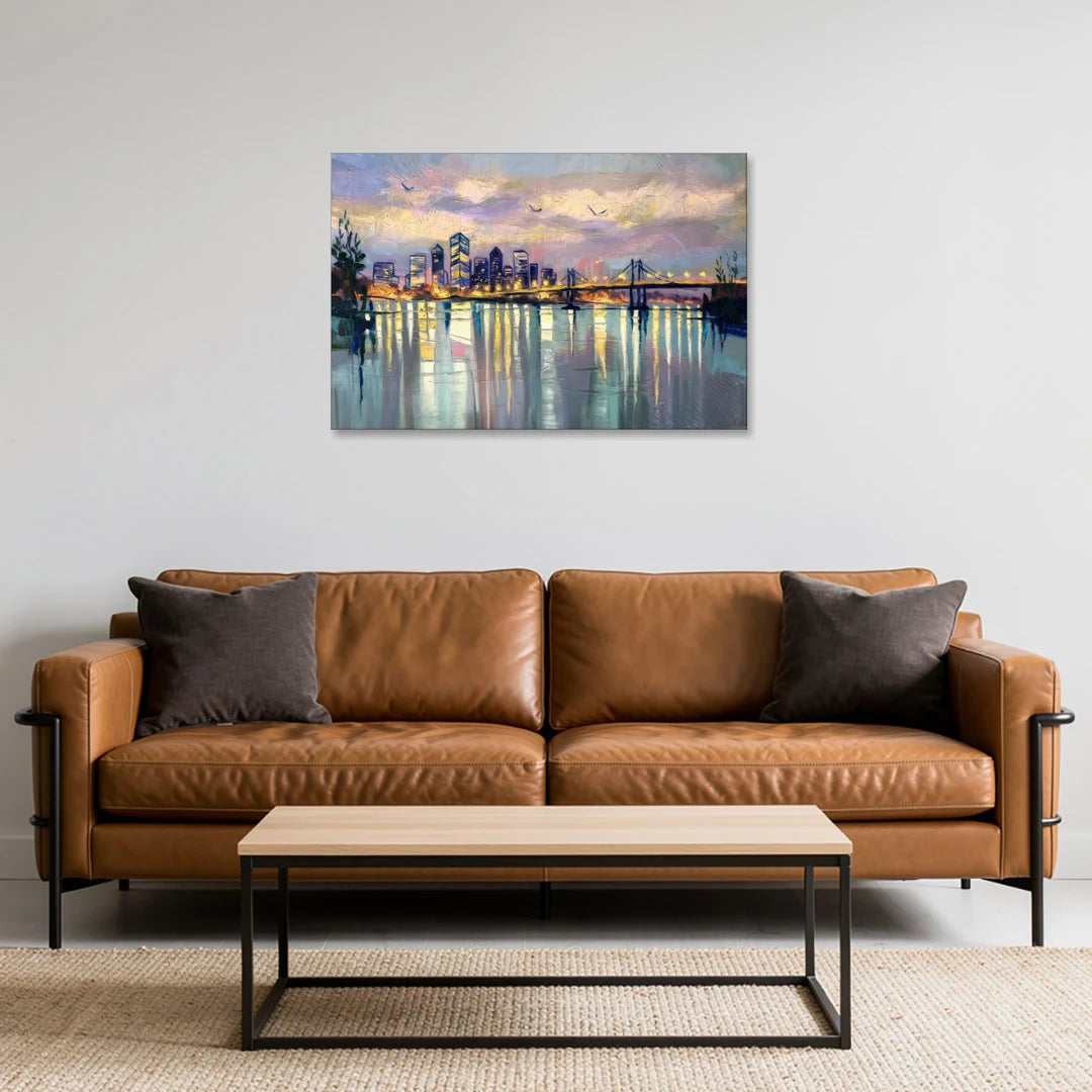 Portland Waterfront Reflection - Canvas Wall Art - Sofa - 36x24