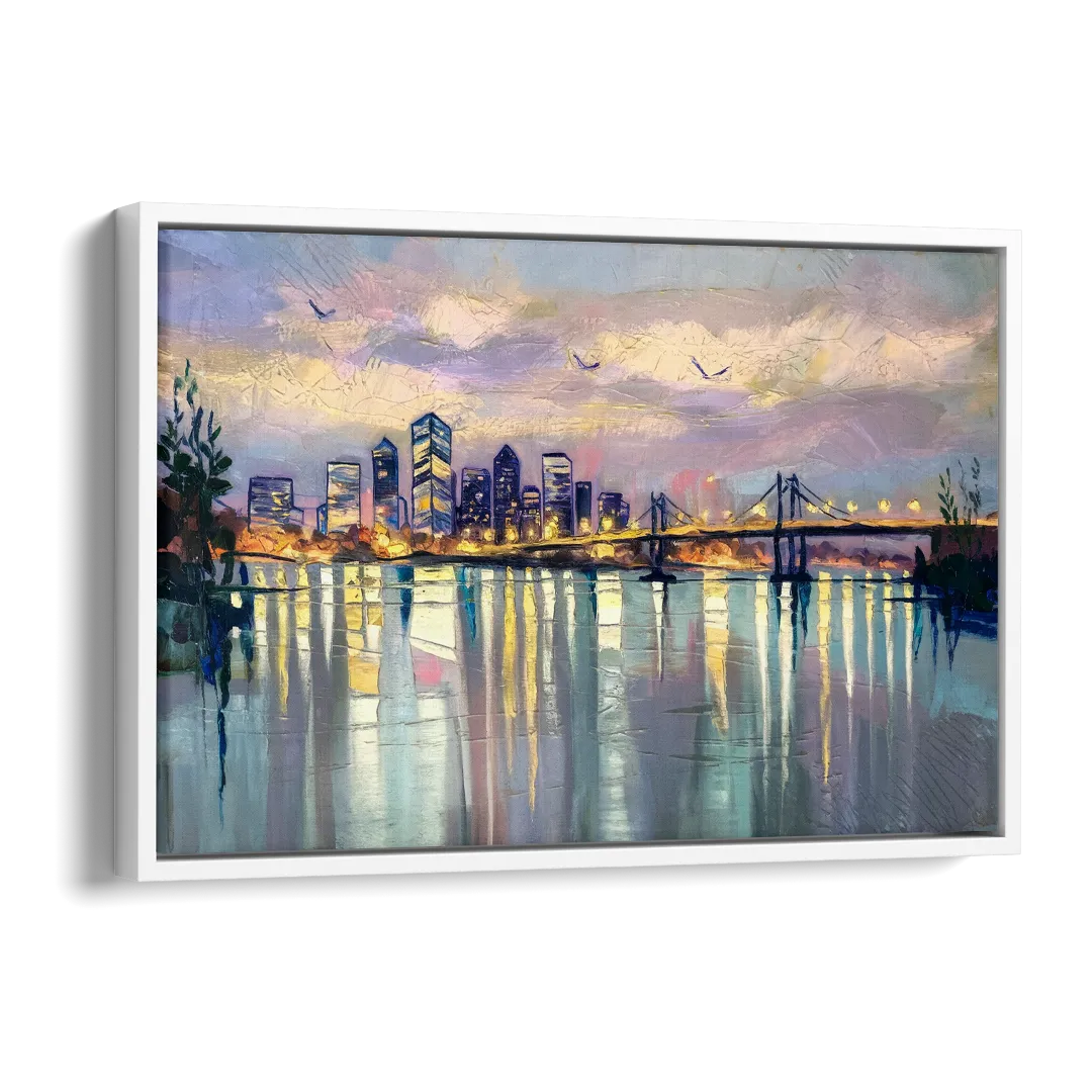Portland Waterfront Reflection Side - White Canvas Wall Art