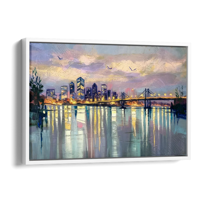 Portland Waterfront Reflection Side - White Canvas Wall Art