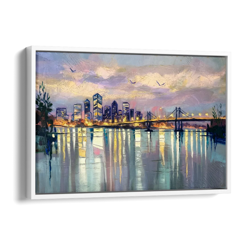 Portland Waterfront Reflection Side - White Canvas Wall Art