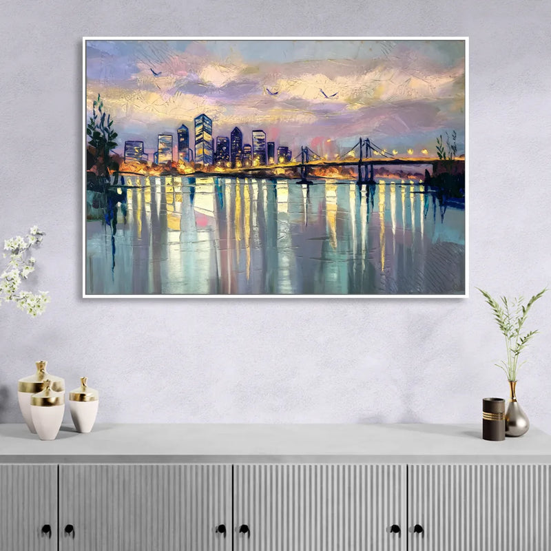 Portland Waterfront Reflection Living Room - White Canvas Wall Art