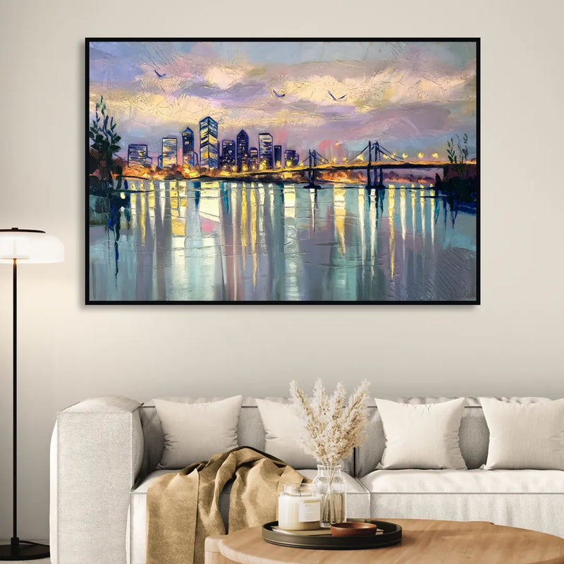 Portland Waterfront Reflection Living Room - Black Canvas Wall Art