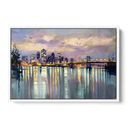 Portland Waterfront Reflection Front - White Canvas Wall Art
