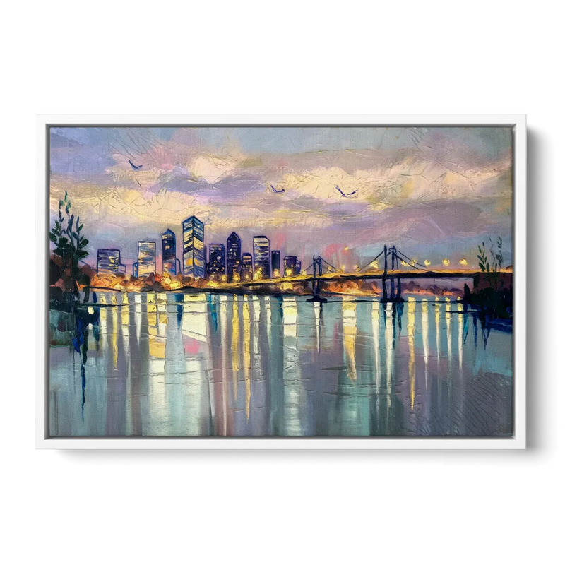 Portland Waterfront Reflection Front - White Canvas Wall Art