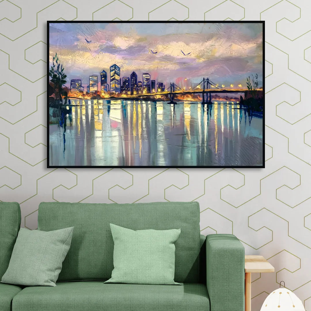 Portland Waterfront Reflection Sitting Room - Black Canvas Wall Art