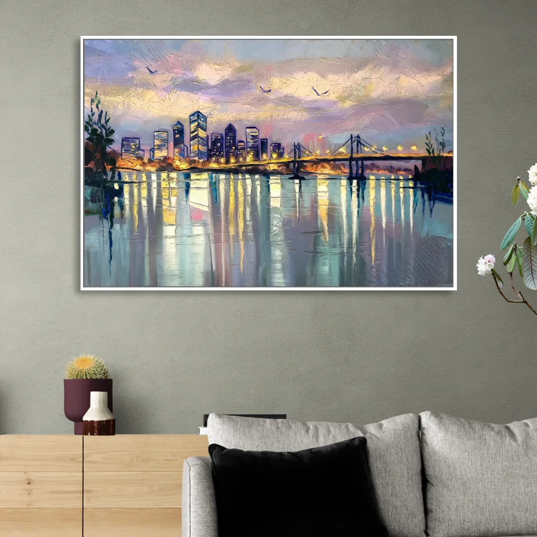 Portland Waterfront Reflection Sitting Room - White Canvas Wall Art