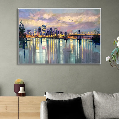 Portland Waterfront Reflection Sitting Room - White Canvas Wall Art