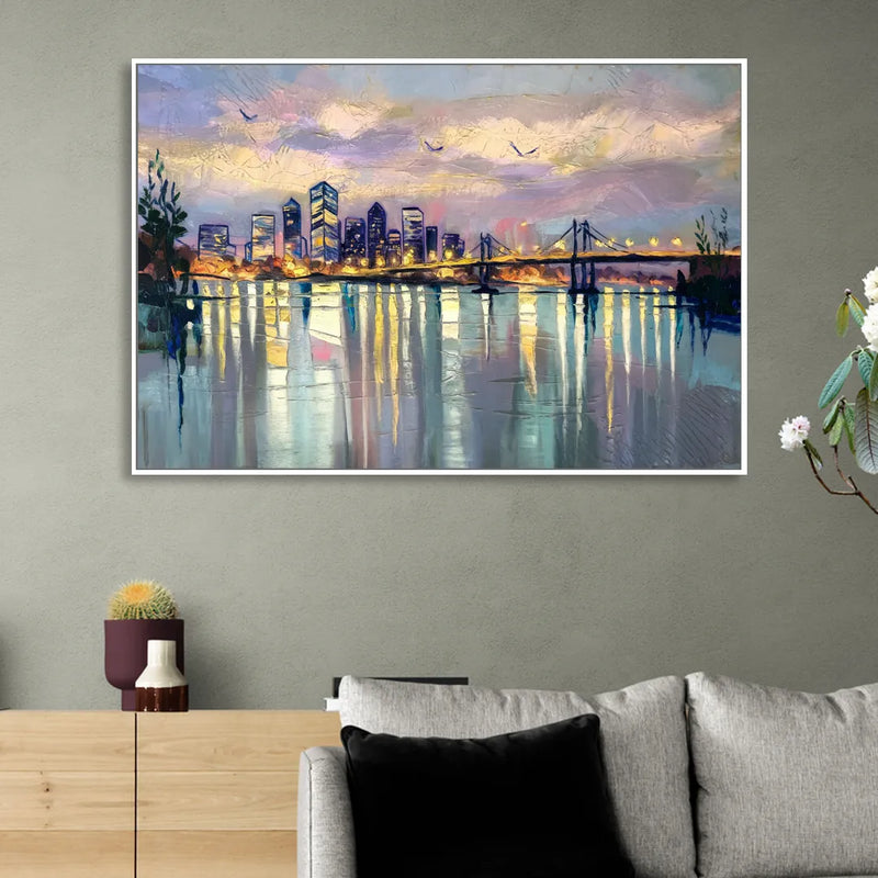 Portland Waterfront Reflection Sitting Room - White Canvas Wall Art