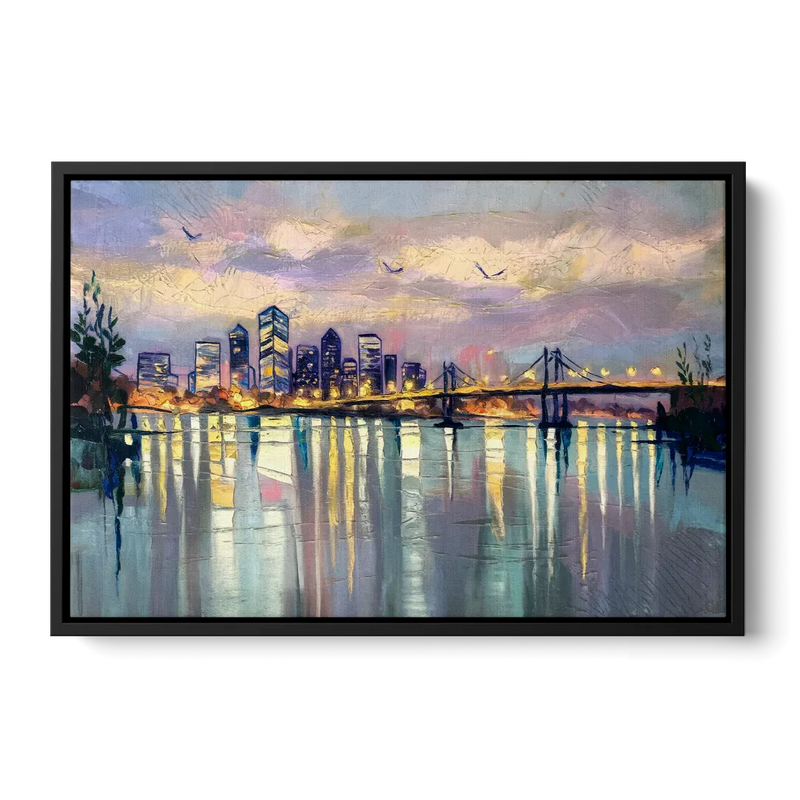 Portland Waterfront Reflection Front - Black Canvas Wall Art