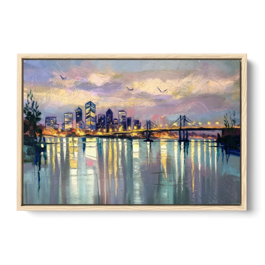 Portland Waterfront Reflection - Oak Framed Canvas Wall Art - Front