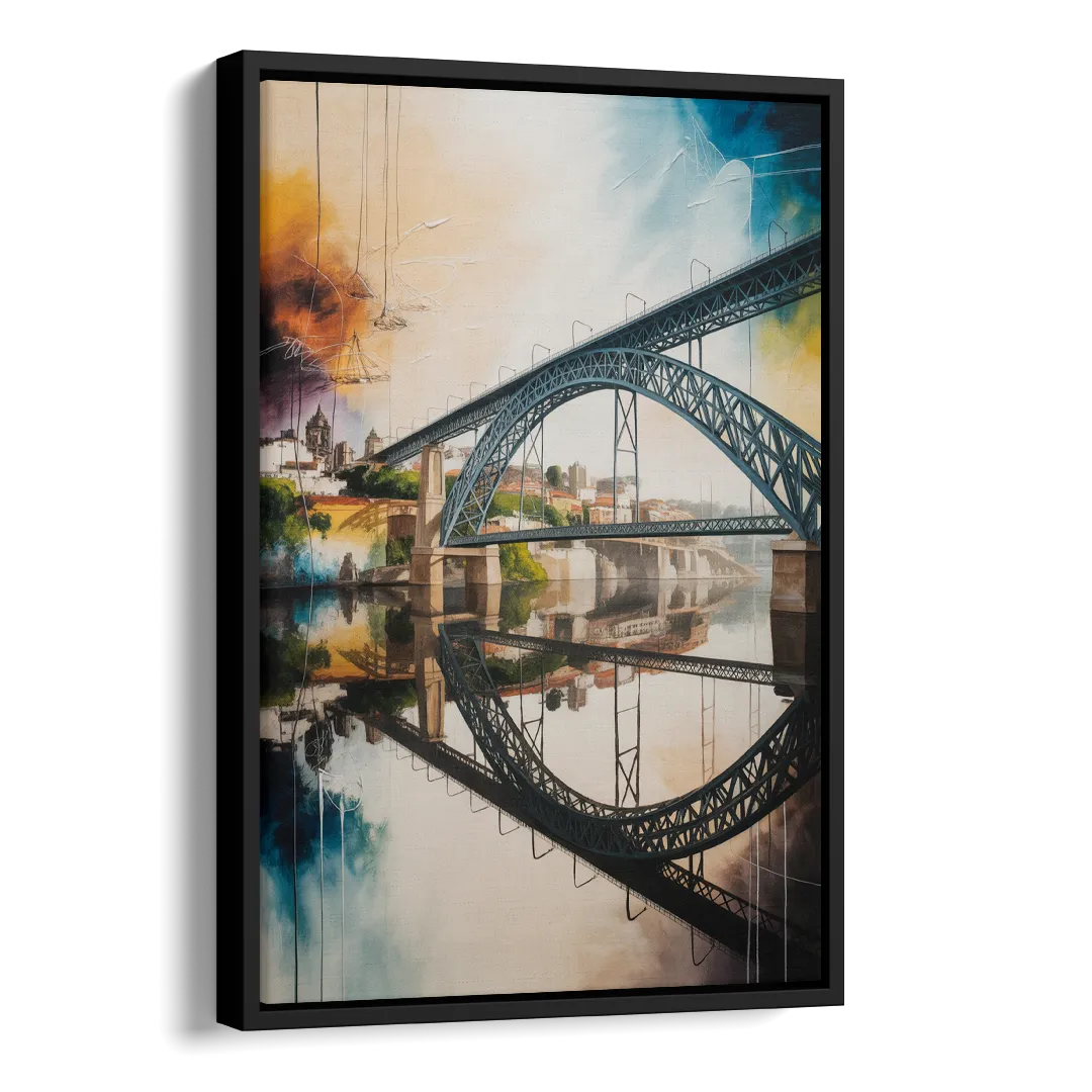 Porto Bridge Panorama Side - Black Canvas Wall Art