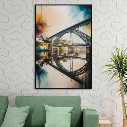 Porto Bridge Panorama Living Room - Black Canvas Wall Art