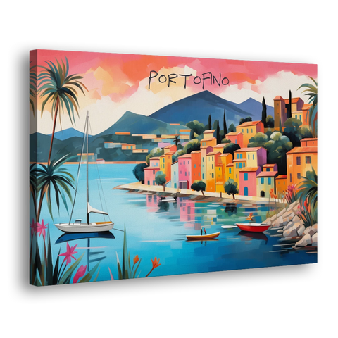 Portofino Painting with a White Sailboat - Canvas Wall Art - Side