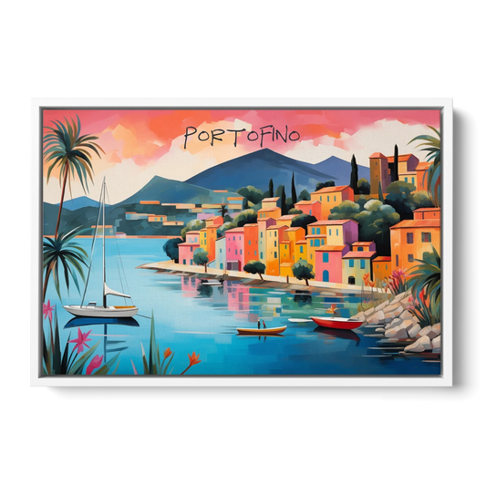 Portofino Painting with a White Sailboat - White Framed Canvas Wall Art - Front