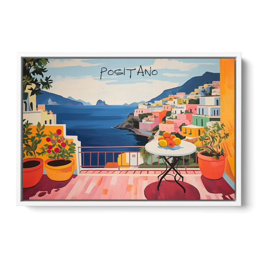 Positano Art of a Sunny Terrace - White Framed Canvas Wall Art - Front
