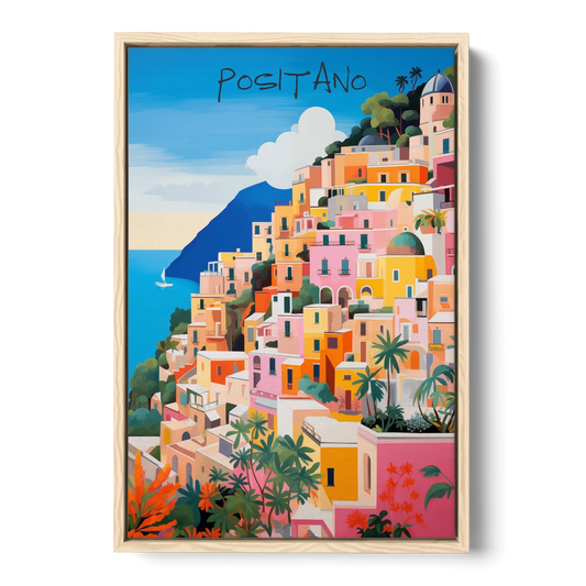 Positano Painting of Cliffside Houses - Oak Framed Canvas Wall Art - Front