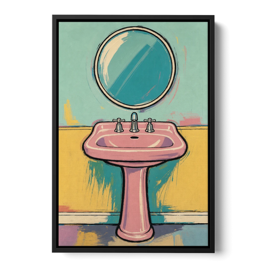 Powder Room Decor with a Pink Pedestal Sink - Black Framed Canvas Wall Art - Front