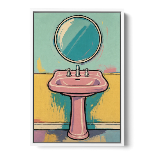 Powder Room Decor with a Pink Pedestal Sink - White Framed Canvas Wall Art - Front