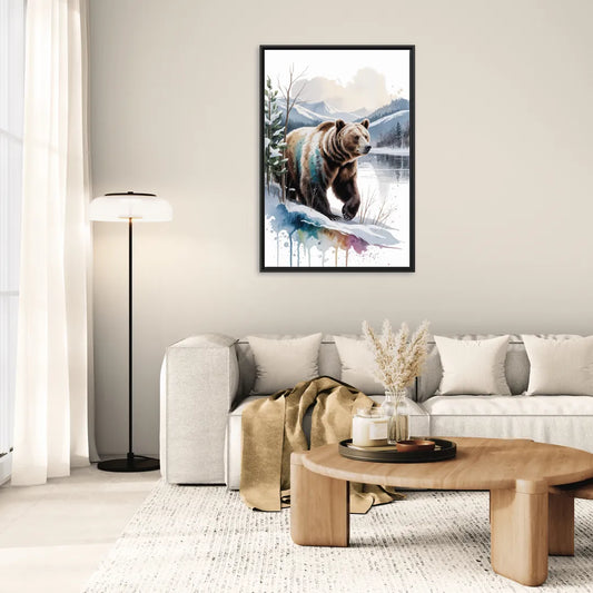 Pristine Winter Bear Landscape - Living Room Black Frame Canvas