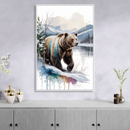 Pristine Winter Bear Landscape Living Room - White Canvas Wall Art