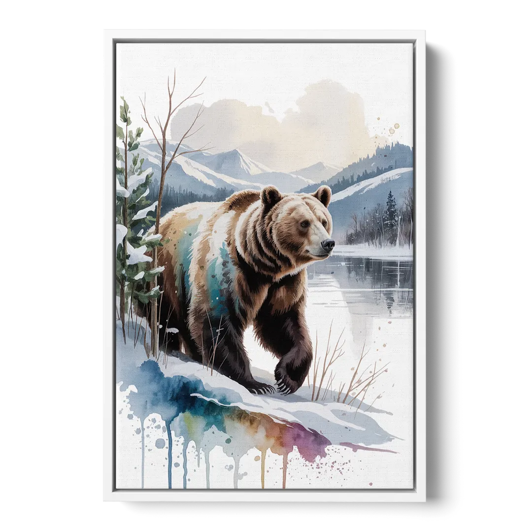 Pristine Winter Bear Landscape - White Frame Canvas