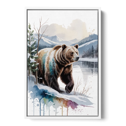 Pristine Winter Bear Landscape - White Frame Canvas