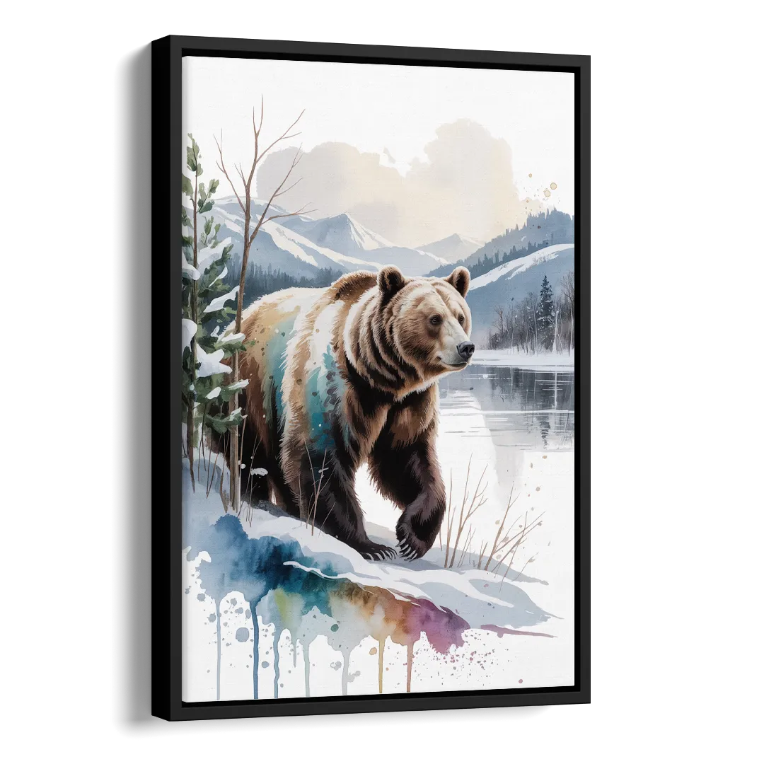 Pristine Winter Bear Landscape Side - Black Canvas Wall Art