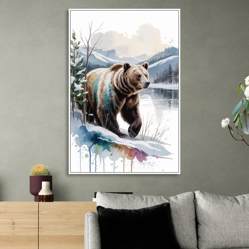 Pristine Winter Bear Landscape Sitting Room - White Canvas Wall Art