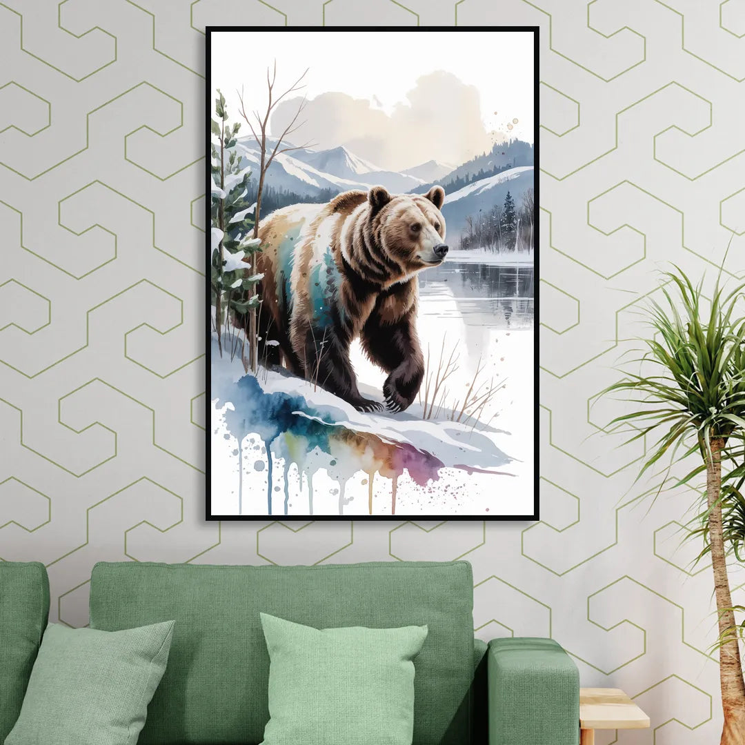 Pristine Winter Bear Landscape Sitting Room - Black Canvas Wall Art
