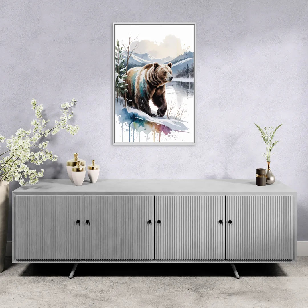 Pristine Winter Bear Landscape - Living Room White Frame Canvas